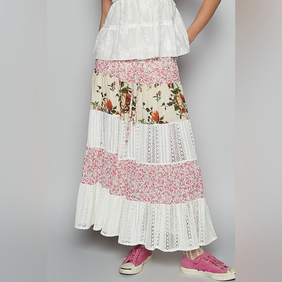 🌅 POL “ Prairie Dream Skirt “ Maxi Patchwork SkirtIvory